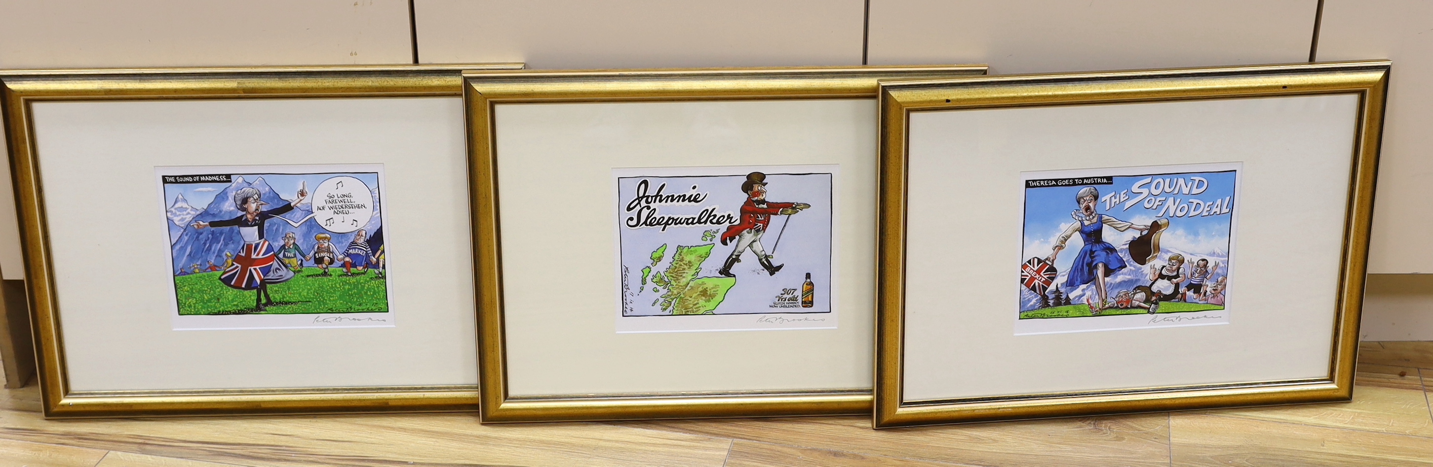 Peter Brookes (b.1943), three satirical colour prints, each signed in pencil, including ‘Johnnie Sleepwalker’ & ‘Theresa Goes to Austria, The Sound of no Deal’, 19.5 x 25.5cm